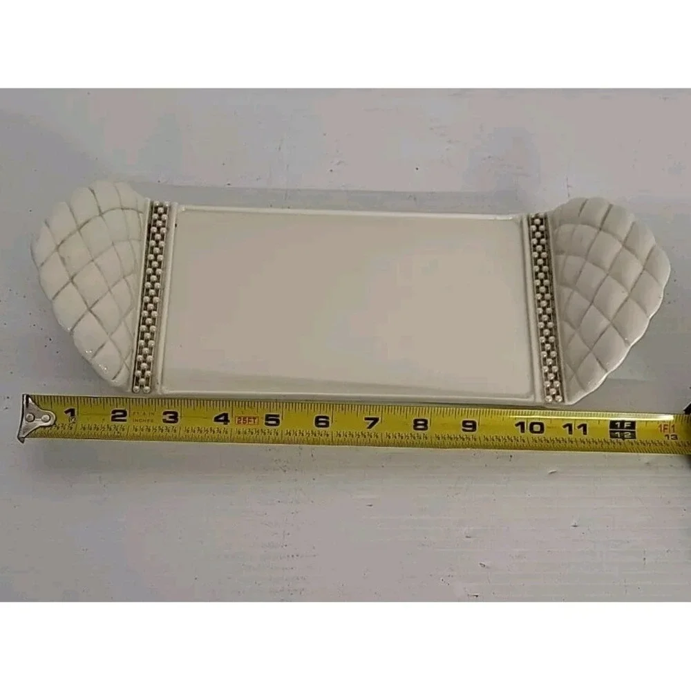 Vintage Porcelain Vanity Tray Off White w/ Faux Pearls